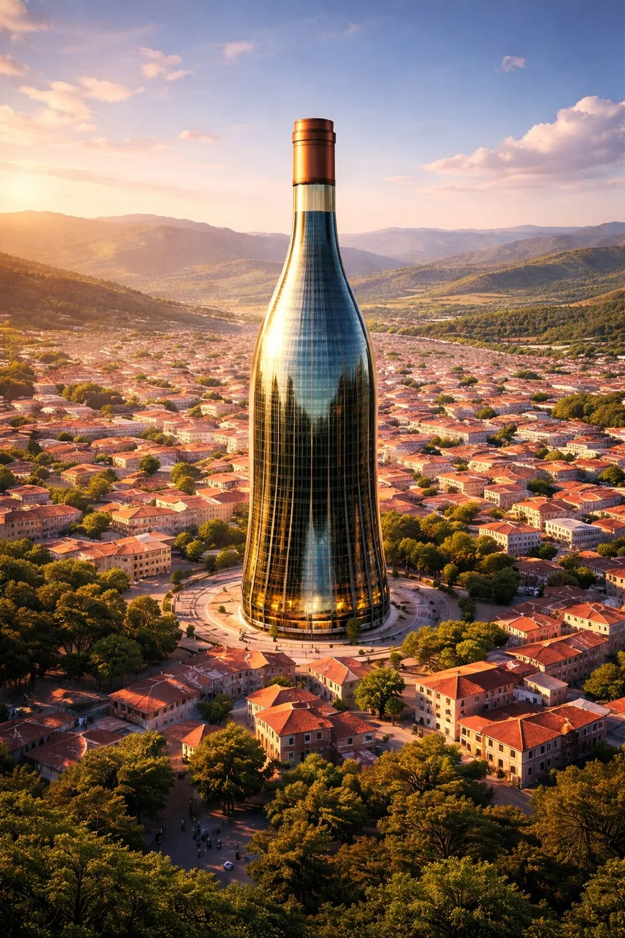 Render de referencia de la Tarija Wine Tower, torre de vidrio con forma de botella de vino